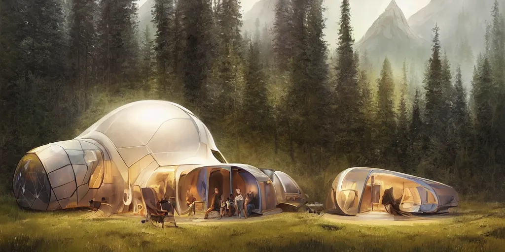 Image similar to cabela's tent futuristic pop up family pod, cabin, modular, person in foreground, mountainous forested wilderness open fields, beautiful views, painterly concept art, joanna gaines, environmental concept art, farmhouse, magnolia, concept art illustration by ross tran, by james gurney, by craig mullins, by greg rutkowski trending on artstation