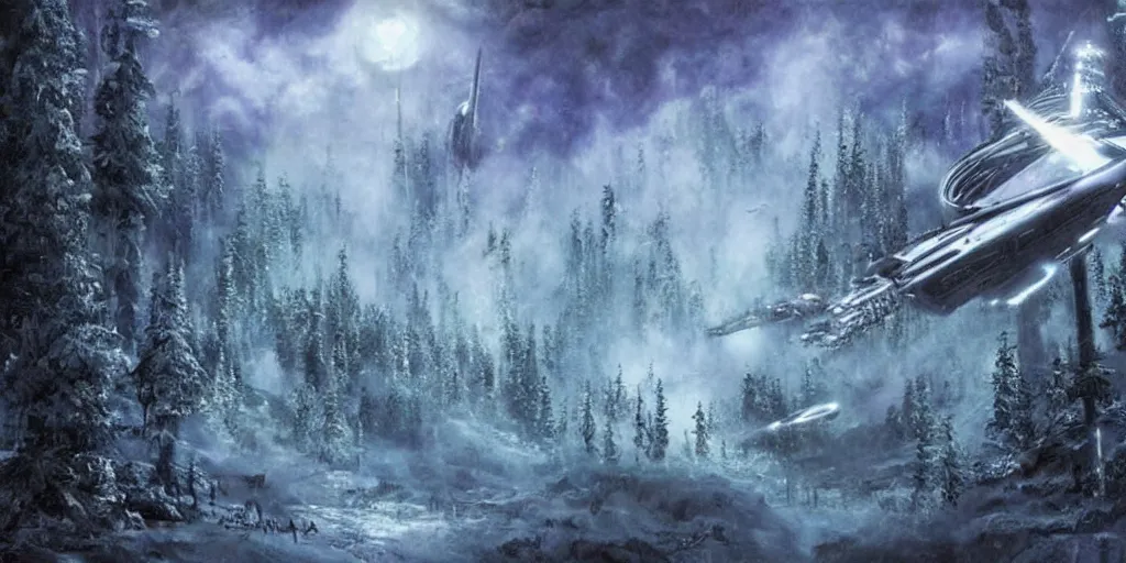 Image similar to future forest attacked by spaceship, star trek, concept art, ice mist, glory war,