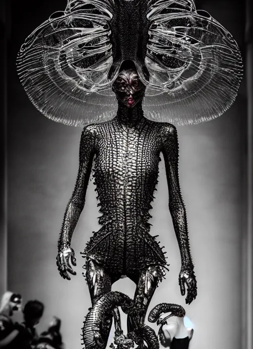 Image similar to walking down the catwalk, steven klein, show, stage, vogue photo, podium, fashion show photo, iris van herpen, beautiful woman, full body shot, helmet on face, masterpiece, plant predator, guyver, jellyfish, biomechanical details, movie still, fauvism, cinestill, bokeh, gelios lens