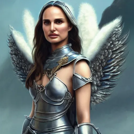 Prompt: portrait of Natalie Portman as a young aasimar angel valkyrie warrior girl maiden wearing comfy leather armor with beautiful feathered angel wings, blue eyes, beautiful face, Emily Ratajkowski, innocent, intricate, elegant, highly detailed, ultradetailed, hyperdetailed, artstation, concept art, smooth, sharp focus, illustration, art by artgerm and greg rutkowski and Rossdraws and Bluesssatan and Mandy Jurgens and alphonse mucha