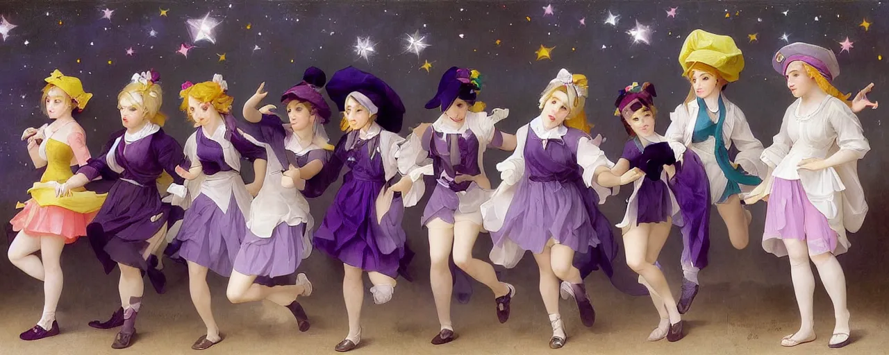 Prompt: A character sheet of full body cute magical girls with short blond hair wearing an oversized purple Beret, Purple overall shorts, Short Puffy pants made of silk, pointy jester shoes, a big billowy scarf, and white leggings. Rainbow accessories all over. Flowing fabric. Covered in stars. Short Hair. Art by Johannes Helgeson and william-adolphe bouguereau and Paul Delaroche and Alexandre Cabanel and Lawrence Alma-Tadema and WLOP and Artgerm. Fashion Photography. Decora Fashion. harajuku street fashion. Kawaii Design. Intricate, elegant, Highly Detailed. Smooth, Sharp Focus, Illustration Photo real. realistic. Hyper Realistic. Sunlit. Moonlight. Dreamlike. Fantasy Concept Art. Surrounded by clouds. 4K. UHD. Denoise.