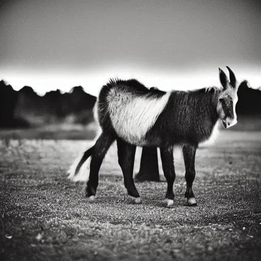 Image similar to “fireworks in the night sky raining down embers and sparks and brightly burning pieces falling from the sky, a pale donkey stands in a field in the darkness. Photography. Flash photo. Cursed image.”