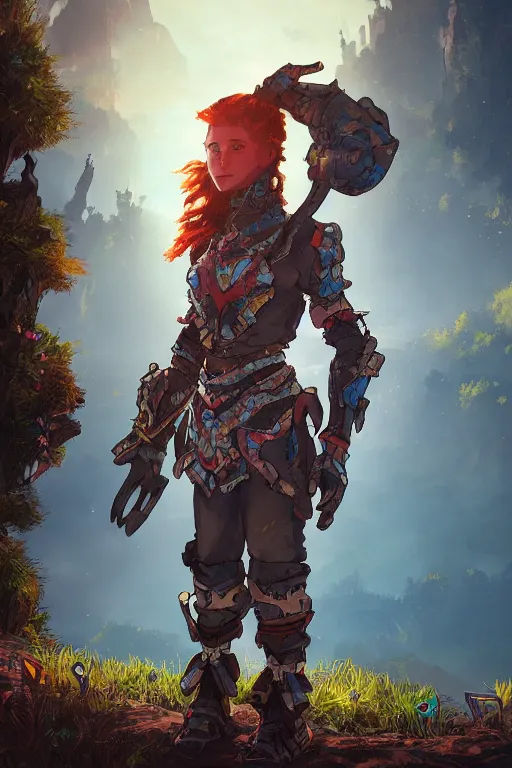 Image similar to combination suit armor aloy horizon forbidden west horizon zero dawn radiating a glowing aura global illumination ray tracing hdr fanart arstation by ian pesty and alena aenami artworks in 4 k tribal robot ninja mask helmet backpack