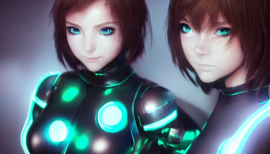 Image similar to render beautiful 3 d anime woman with short brown hair, heterochromia, blue eye and green eye, sci fi glowing bodysuit with mechanical boots, heavy makeup, short smile, cinematic lightning, highly detailed, trending on artstation, unreal engine 4 k, cinematic wallpaper