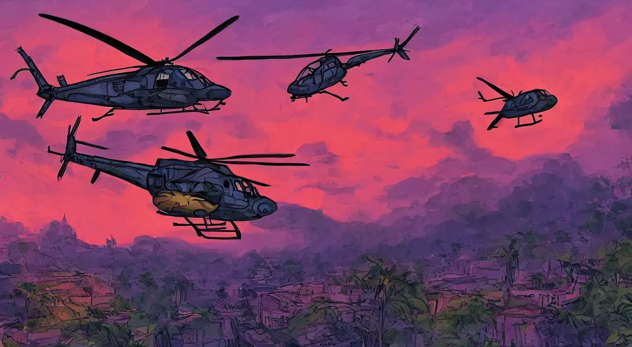 Prompt: helicopters flying low over jungle mountains sunset sky rice patties beautiful artstation 4 k breathtaking illustration cartoon by jack kirby