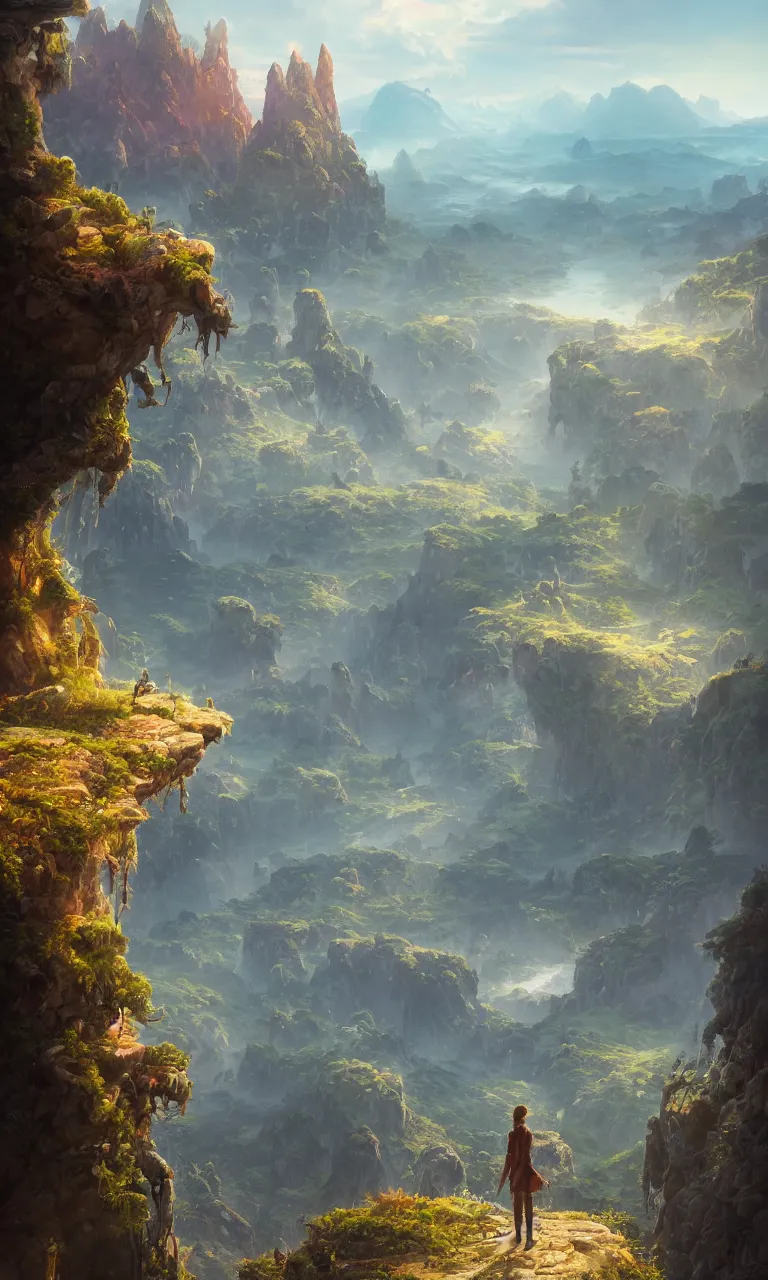 Image similar to an oil art view from a cliff looking out to a fantasy mountain landscape, 4 k, ultra detail, volumetric lighting, unreal engine, octane render, tom bagshaw, andreas rocha