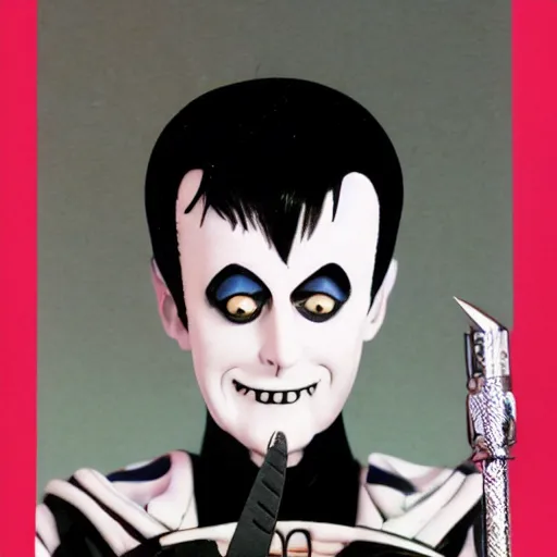 Image similar to a high quality product photo ad of klaus nomi with a technical reed rollerball pen exacto knife by junji ito and william joyce, ethereal eel