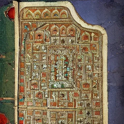 Prompt: “Mughal miniatures of a city plan for a walled city to be built in New Delhi, highly detailed, intricate, very very very detailed”
