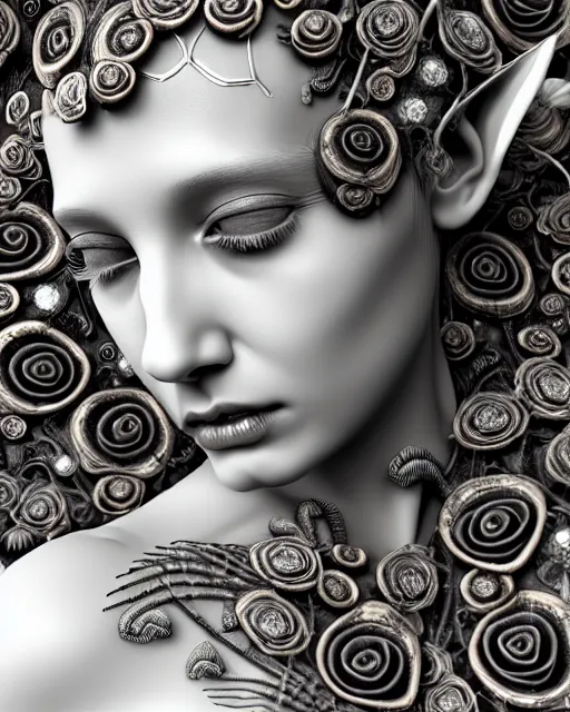 Image similar to mythical dreamy black and white organic bio - mechanical spinal ribbed profile face portrait detail of translucent steampunk beautiful female angelic - human - queen - vegetal - cyborg, highly detailed, intricate crystal ivy jelly ornate, poetic, translucent roses ornate, 3 d render, digital art, octane render, 8 k artistic photography, photo - realistic, by dora maar