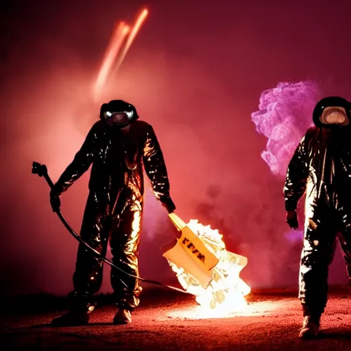 Prompt: men in reflective mylar suits holding flamethrowers, shooting at dark silhouetted aliens, cinematic still