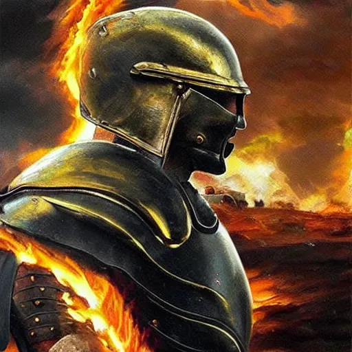 Prompt: realistic oil painting leonidas 3 0 0 spartan zack snyder gold copper helmet battle scarred artwork battle epic proportions background dark skies raining fire