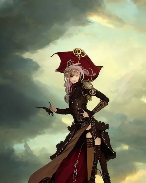 Prompt: a beautiful half body 2D illustration of a young female steampunk pirate wearing leather armor on gold and red trimmings on green, by Charlie Bowater, tom bagshaw, Artgerm and Lois Van Baarle, very cool pose, pirate ship with an epic sky background, slightly smiling, cinematic anime lighting and composition, fantasy painting, very detailed, ornate, trending on artstation and pinterest, deviantart, google images