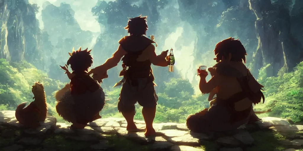 Prompt: a dwarf and his pet dragon drinking a beer together | gapmoe kuudere moody lighting stunning bokeh highlights sharp contrast | trending pixiv fanbox | by greg rutkowski makoto shinkai takashi takeuchi studio ghibli