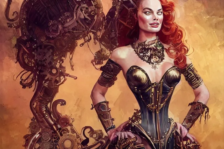 Image similar to three-quarters pose portrait of Margot Robbie as a beautiful Lady Mechanika, very beautiful young woman, ginger wavy hair, Victorian-era push-up underwire. Intricate, steampunk imagery themed, D&D!, fantasy style, sharp focus!, ultra detailed, art by Artgerm and Peter Andrew Jones