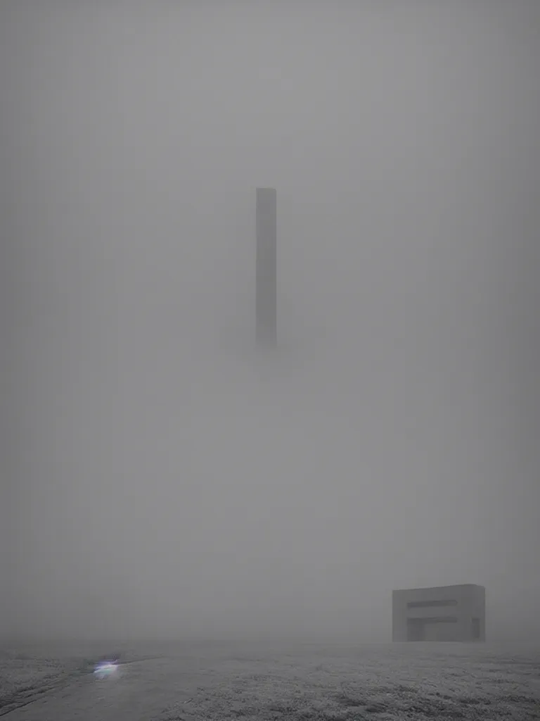 Prompt: High resolution black and white photograph with a 35mm F/22.0 lens of a 1980s Russian Brutalist architecture building in the middle of nowhere while it is foggy and snowing.