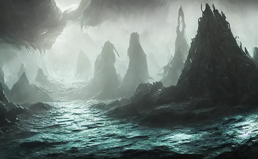 Prompt: cthulu, water landscape, dramatic lighting, cinematic, establishing shot, extremly high detail, photorealistic, cinematic lighting, post processed, concept art, artstation, matte painting, style by greg rutkowsky