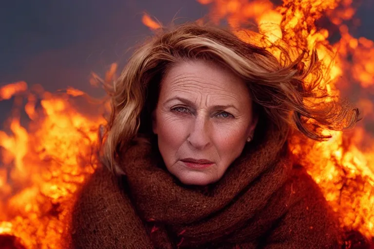 Image similar to a cinematic headshot portrait of a frozen middle aged woman stood in a field, field on fire, ultra realistic, depth, beautiful lighting, by annie leibovitz