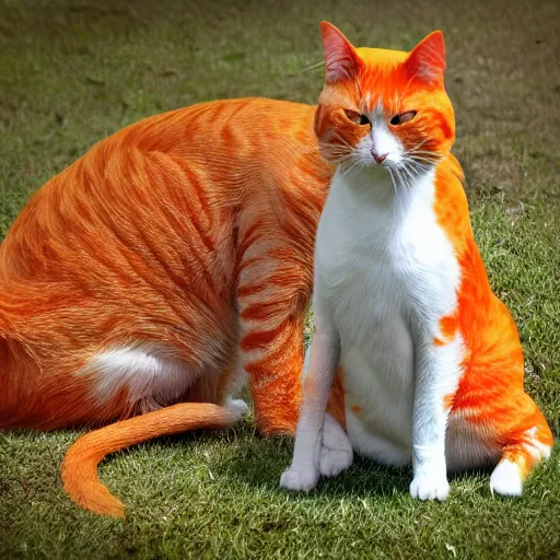 Image similar to an orange cat looking suspiciously at a white dog. photograph. digital art.