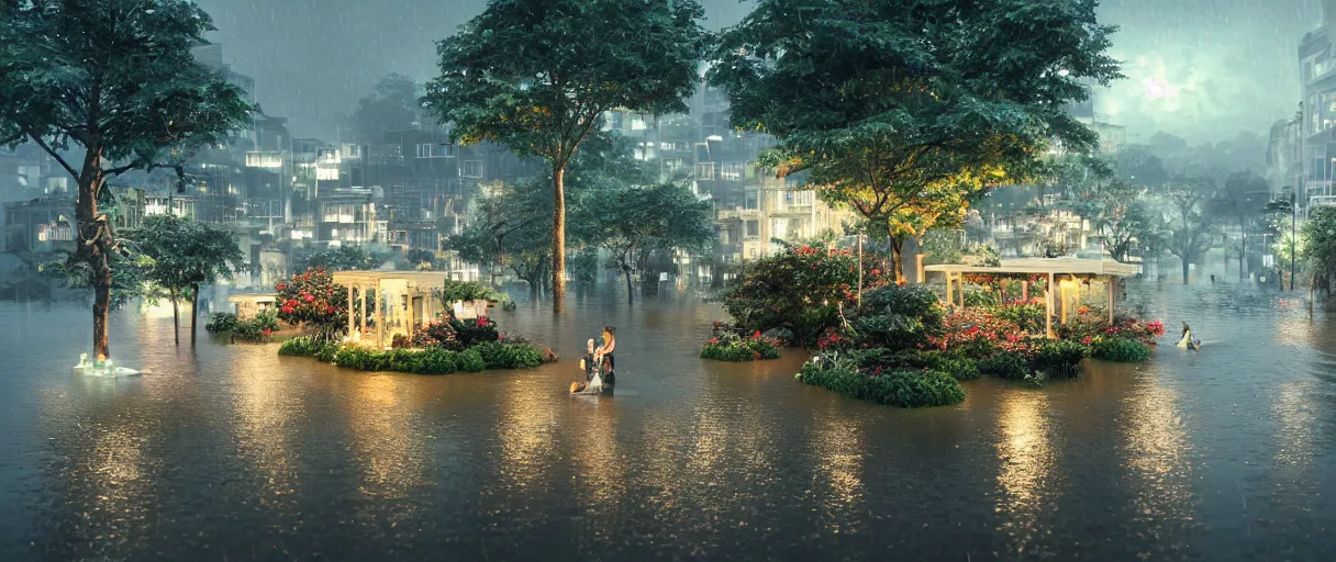 Image similar to carriership landing on raining night at flooded miniature city, emotion is on the rise on the town, cute style garden, octane render, trees, evergreen, patio, garden, wet atmosphere, tender, soft light misty yoshitaka amano, and artgerm, pixel art