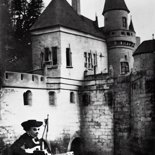 Image similar to vintage photograph of count orlok outside his castle, playing the blues on guitar, castle in the background, 4 k