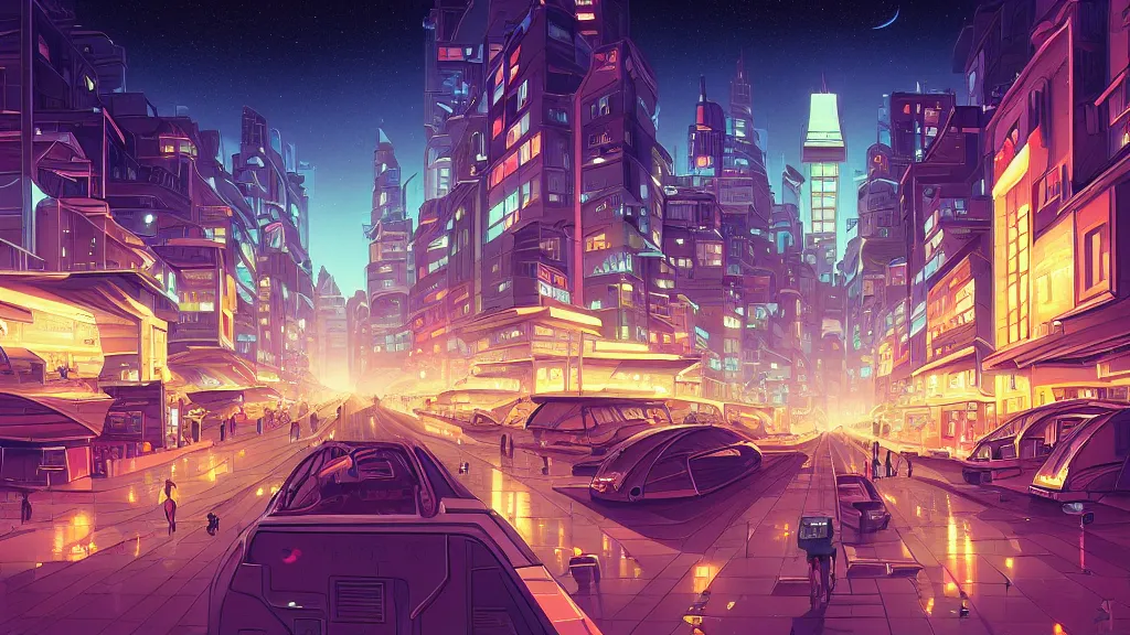 Prompt: the busy city street looking towards the spaceport at night by cyril rolando and naomi okubo and dan mumford