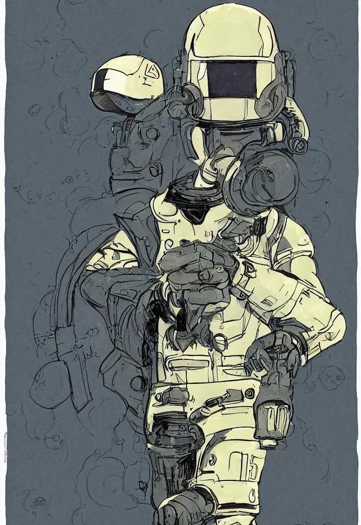 Image similar to male, heroic figure, space suit with a modern helmet, science fiction, sketch, character sheet, very stylized, digital art, illustration on kraft paper, pen and ink, digital painting, by mike mignola, by alex maleev
