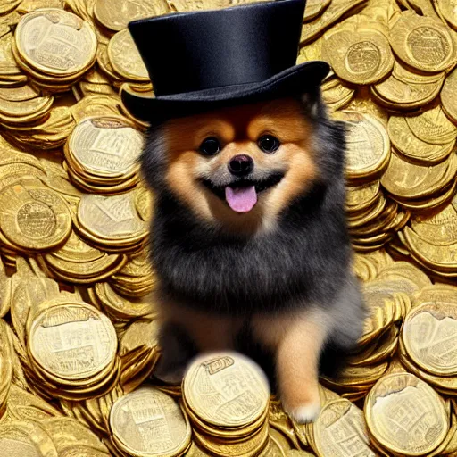 Image similar to A pomeranian wearing a top-hat, sitting on top of a large pile of gold coins