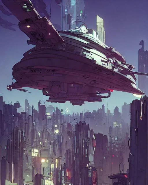 Image similar to a large whimsical spaceship floating above a cyberpunk city, by Mike Mignola, Robbie Trevino, ellen jewett, Yoji Shinkawa