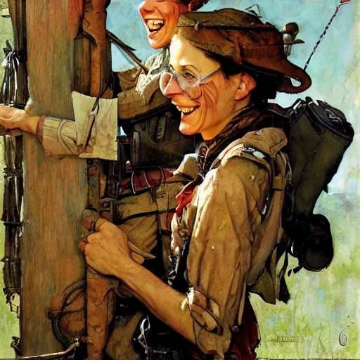 Prompt: happy female adventurer, by jon foster and norman rockwell.