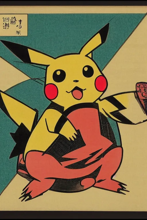 Image similar to Pikachu Pokemon, Japanese ukiyo-e ukiyo-ye woodblock print, by Moronobu