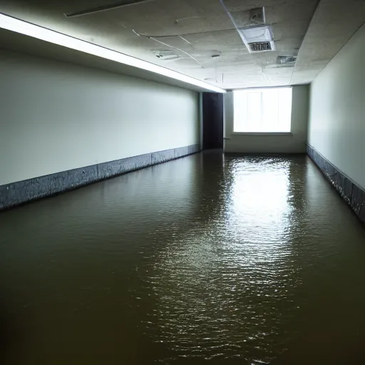 Prompt: backrooms office space, ominous lighting, moldy walls, shadowy tall figures wading in shallow water