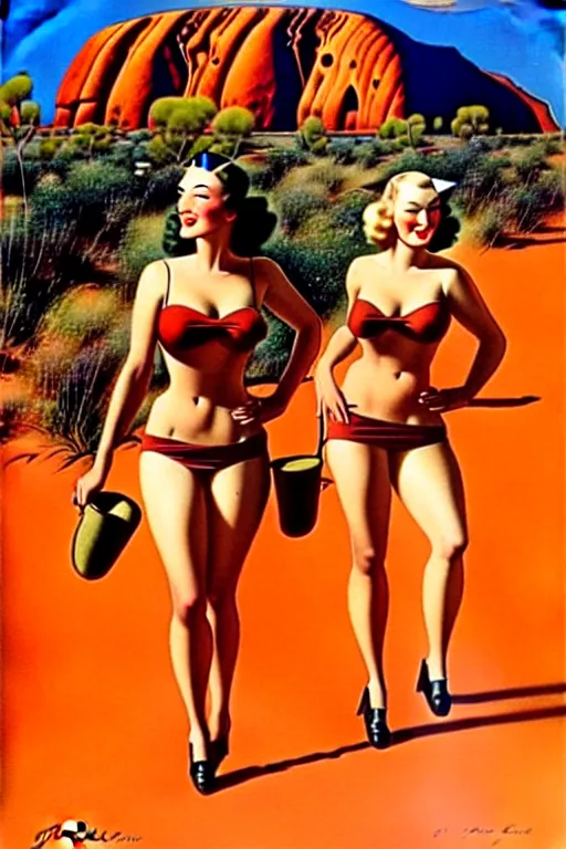Image similar to 1940s group of pinup bikini girls walking around 1940s Ayers Rock, Uluru, in Australia, oil painting, by Gil Elvgren