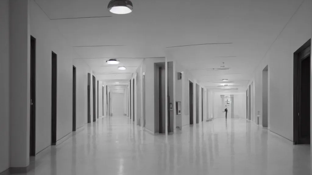 Image similar to stanley kubrick white hallway