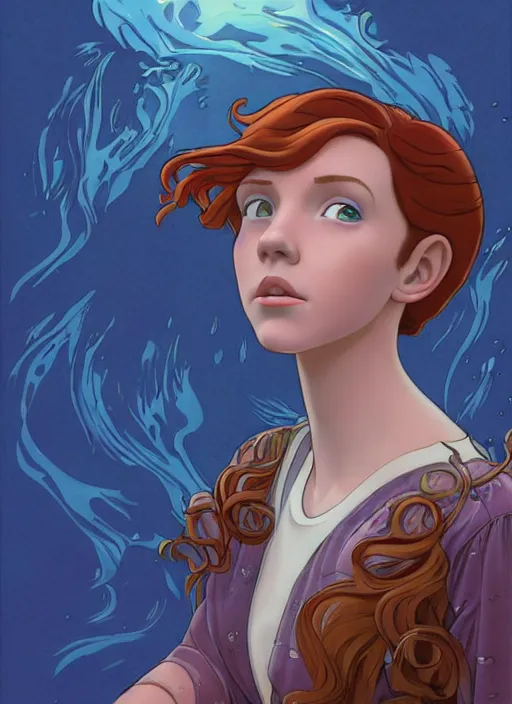 Image similar to well - lit art nouveau portrait of a 1 3 - year old girl who resembles millie bobby brown with red hair looking worried under water, natural lighting, path traced, highly detailed, high quality, cartoon, digital painting, by don bluth and ross tran and studio ghibli