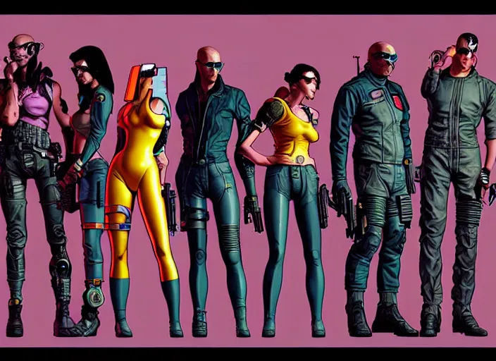 Image similar to cyberpunk gang enforcers. portrait by stonehouse and mœbius and will eisner and gil elvgren and pixar. character design. realistic proportions. cyberpunk 2 0 7 7 character art, blade runner 2 0 4 9 concept art. cel shading. attractive face. thick lines. the team. diverse characters. artstationhq.