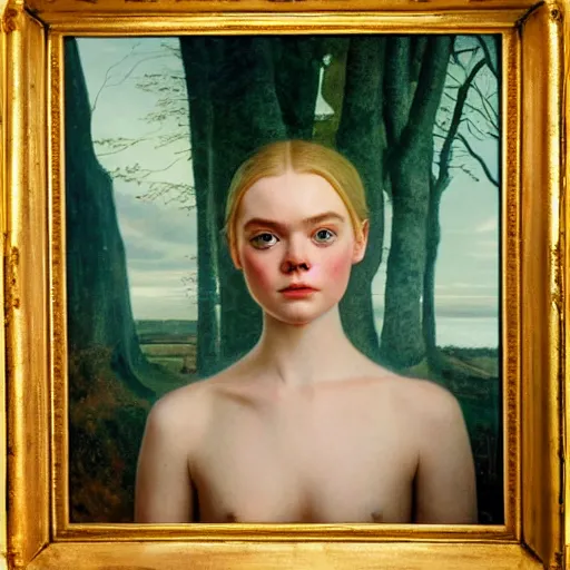 Prompt: Elle Fanning as an Android, head and shoulders masterpiece, oil on canvas, golden hour, in the world of Andrew Wyeth and Bosch, artstation, by J. C. Leyendecker and Peter Paul Rubens,