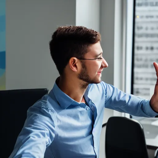 Image similar to photo of a young man waving goodbye to his coworker in office