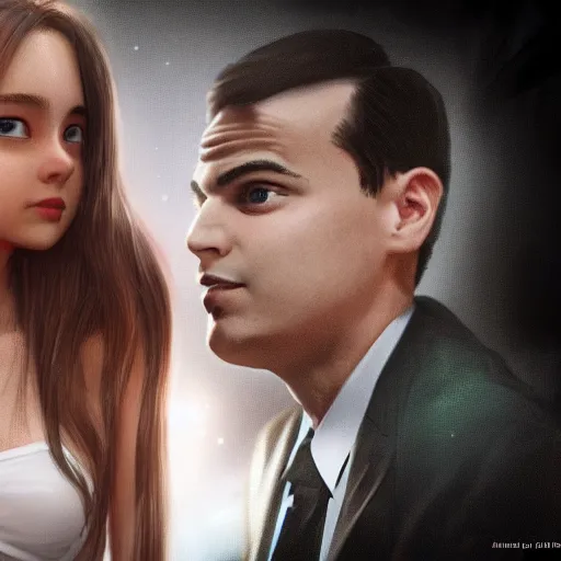 Prompt: cinematic shot epic portrait ben shapiro standing next to his anime girlfriend, hyper realistic, mood lighting, fantasy, detailed face, highly detailed, super realistic, perfect lighting