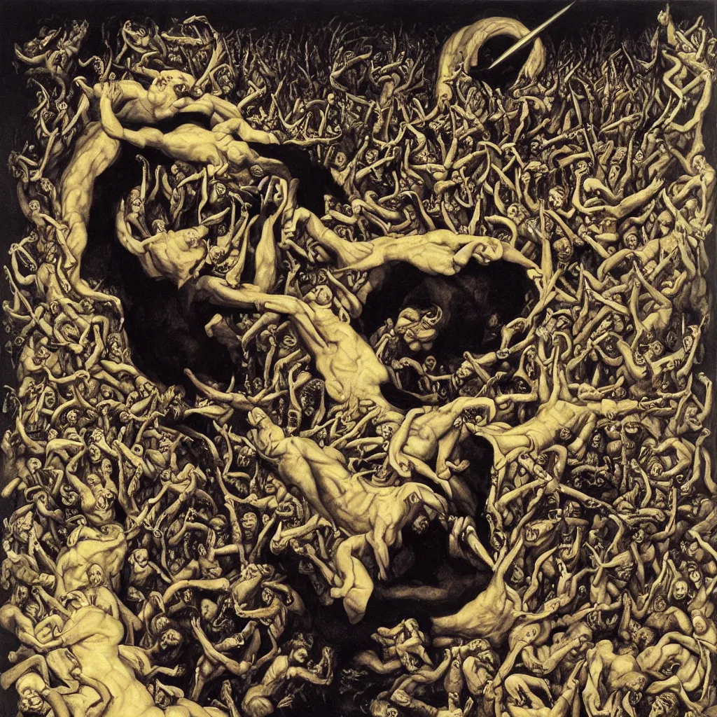 Image similar to Richard Dean Anderson as the Dictator of a socialist state surrounded by the stairway of hell. Surrealist painting by Gustave Courbet, Michiel Shrijver and M.C. Escher.