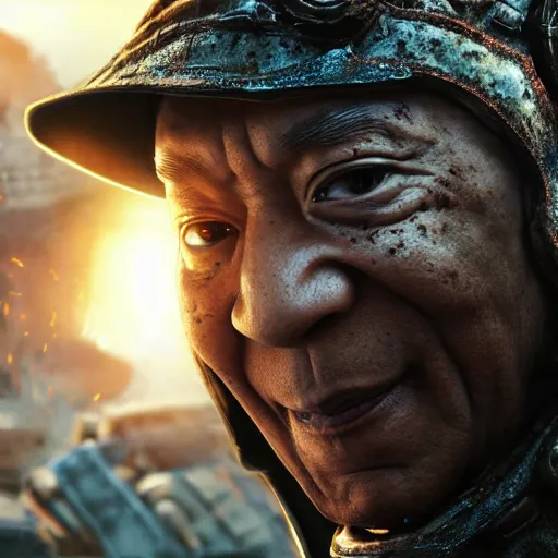 Image similar to asian!! bill cosby with conical hat in gears of war, splash art, movie still, cinematic lighting, dramatic, octane render, long lens, shallow depth of field, bokeh, anamorphic lens flare, 8 k, hyper detailed, 3 5 mm film grain