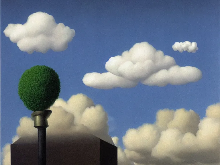 Image similar to cloud filled room, painting by rene magritte, centered, high detail, high resolution