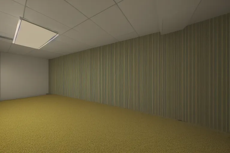 Image similar to 3 d render of jerma 9 8 5, jerma in a liminal space, non - euclidean space, endless halls of office space with worn light mono - yellow 7 0 s wallpaper, old moist carpet, and inconsistently - placed fluorescent lighting | high octane | blender | 3 d render