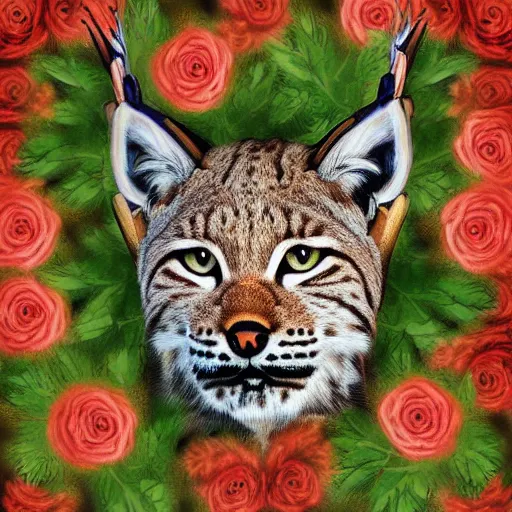 Image similar to lynx wearing Caesar's crown of leaves made out of roses, Caesar's crown of leaves, an expressive digital painting, high quality art,