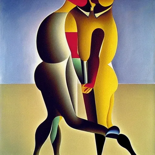 Prompt: Oil painting by Oskar Schlemmer. Two mechanical gods kissing. Dali.