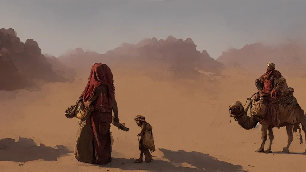 Image similar to desert landscape with arabian merchant with colored bags feeding a camel, rule of thirds, watercolored, jakub rozalski, dark colours, dieselpunk, artstation