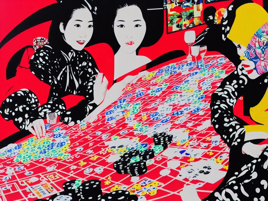 Image similar to hyperrealistim composition of the detailed single woman in a japanese kimono sitting at a extremely detailed poker table with darth vader, fireworks, river on the background, pop - art style, jacky tsai style, andy warhol style, acrylic on canvas