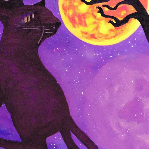 Image similar to closeup of a purple panther roaring at the moon in the forest. night. large moon in the center. cinematic. oil painting. concept art.