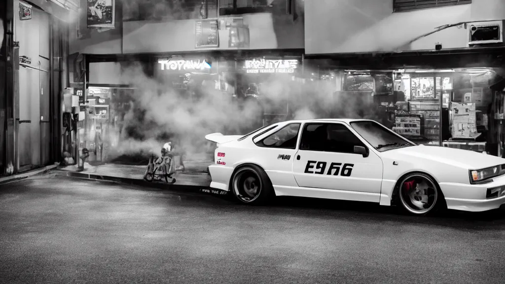 Image similar to takumi fujiwara's toyota ae 8 6 with tofu shop side door banner, cinematic, nikon d 7 5 0, long exposure, white balance, 8 k, led, lumen global illumination, fog, ray tracing reflections, fxaa, rtx, post - production