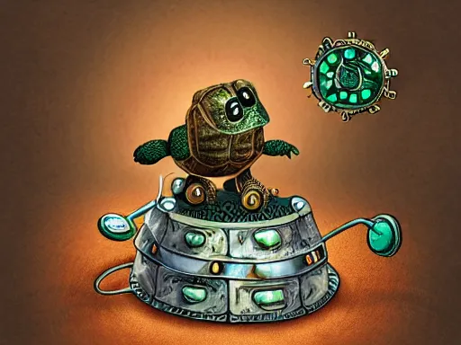 Prompt: a steampunk time traveling tortoise teleporting into the future