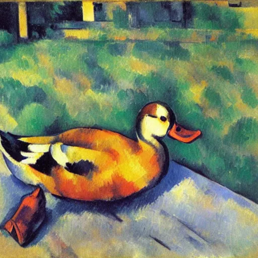 Prompt: a duck on the prowl oil painting paul cezanne